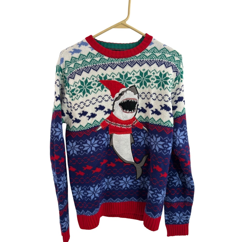 Blizzard Bay Shark Ugly Christmas Sweater S Blue Fair Isle Holiday Mens